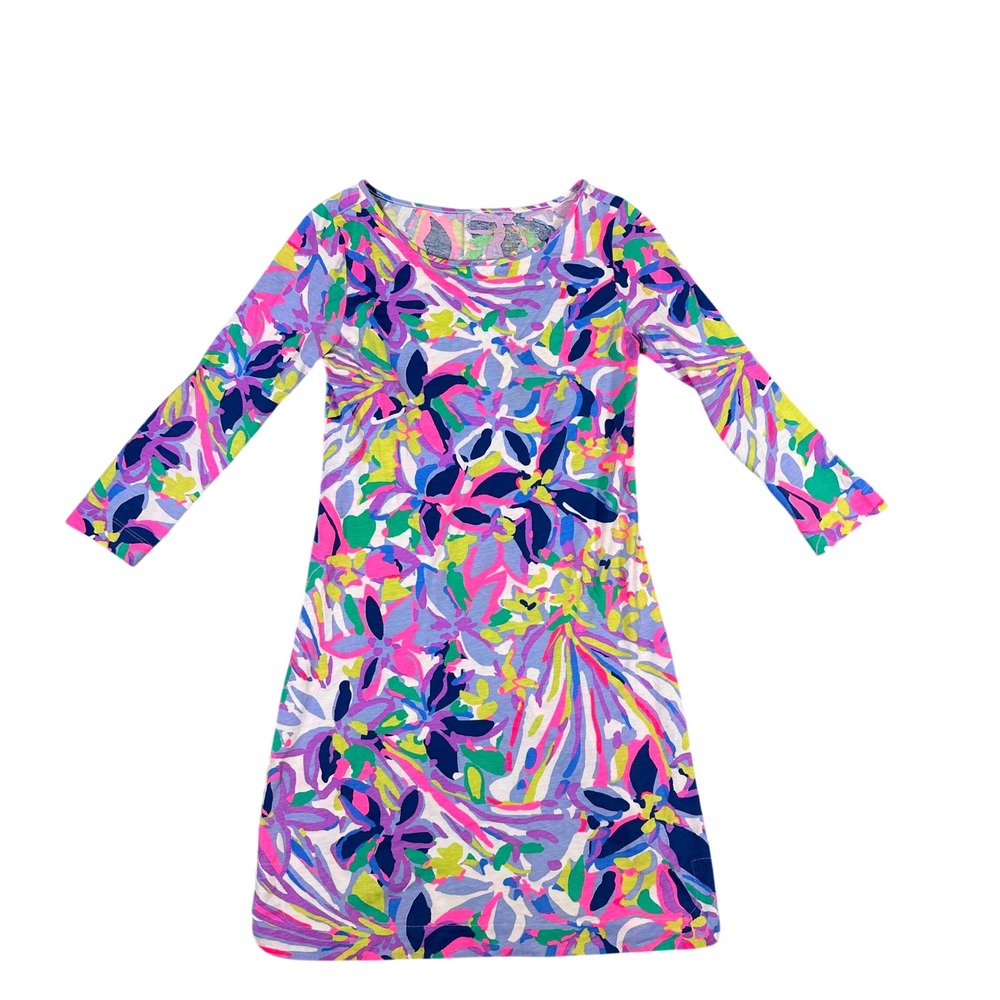 Lilly Pulitzer Etta Dress XXS Pink Blue Floral Pima Cotton 3/4 Sleeve Scoop Neck